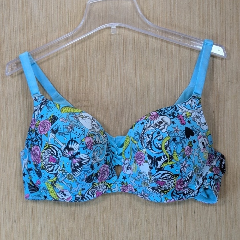 Torrid Curve Blue Tattoo Print Strappy Push-Up Bra 44C Skulls Tigers Whimsigoth
